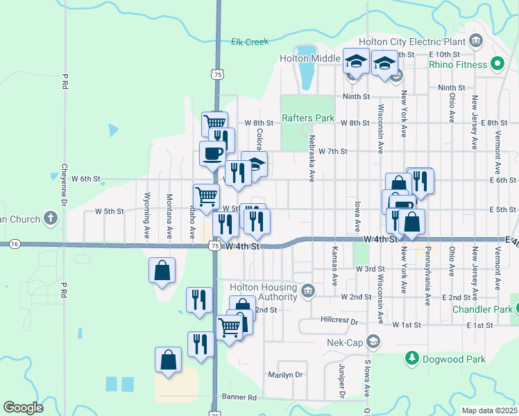 map of restaurants, bars, coffee shops, grocery stores, and more near 500 Colorado Avenue in Holton