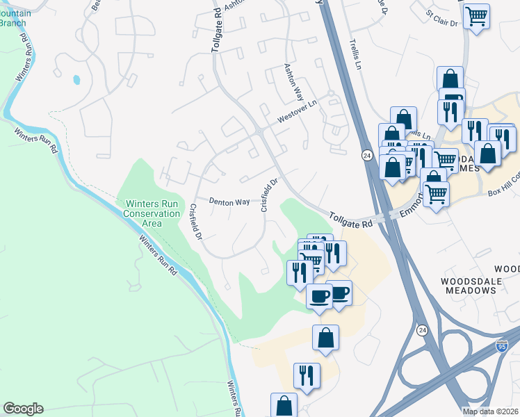 map of restaurants, bars, coffee shops, grocery stores, and more near 418 Crisfield Drive in Abingdon