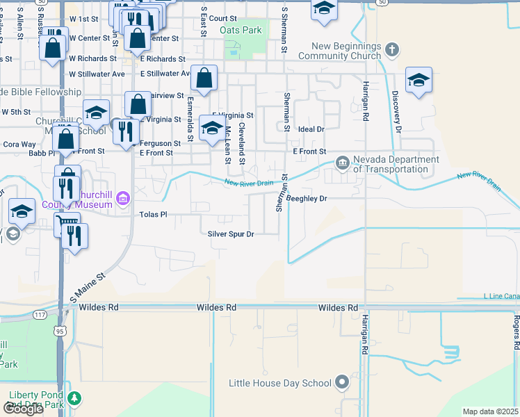 map of restaurants, bars, coffee shops, grocery stores, and more near 1220 Deerfield Drive in Fallon
