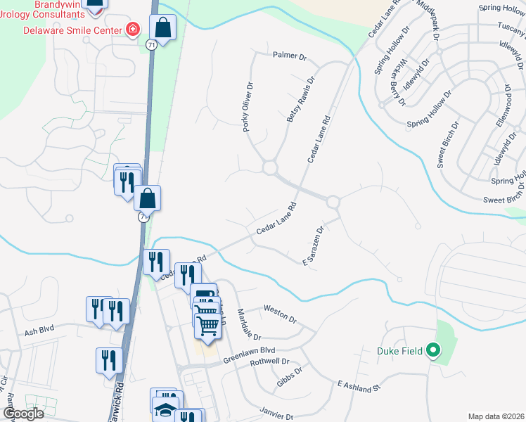 map of restaurants, bars, coffee shops, grocery stores, and more near 36 West Sarazen Drive in Middletown