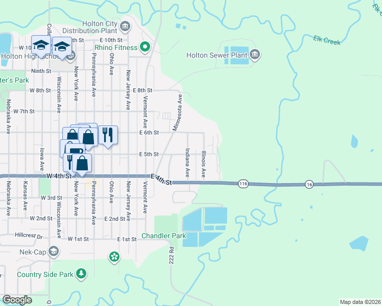 map of restaurants, bars, coffee shops, grocery stores, and more near 599 Indiana Ave in Holton