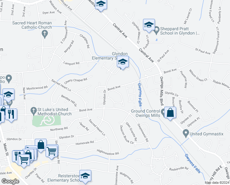 map of restaurants, bars, coffee shops, grocery stores, and more near 404 Valley Meadow Circle in Reisterstown