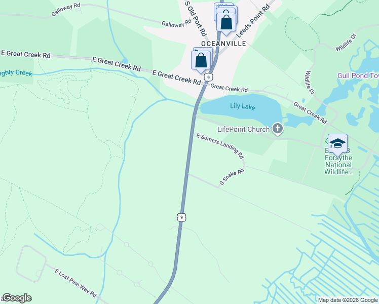 map of restaurants, bars, coffee shops, grocery stores, and more near South New York Road in Galloway