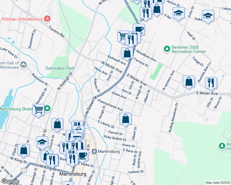 map of restaurants, bars, coffee shops, grocery stores, and more near 703 2nd Street in Martinsburg