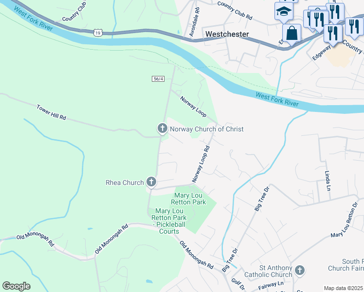 map of restaurants, bars, coffee shops, grocery stores, and more near 46 Joecarrie Drive in Fairmont