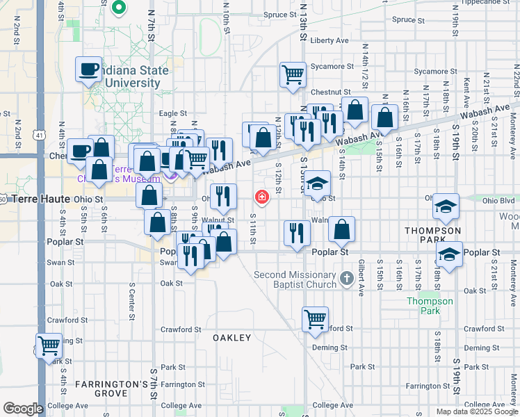 map of restaurants, bars, coffee shops, grocery stores, and more near 114 South 11th Street in Terre Haute