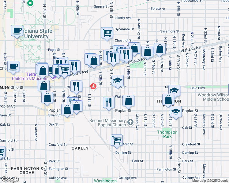 map of restaurants, bars, coffee shops, grocery stores, and more near 214 South 13th Street in Terre Haute