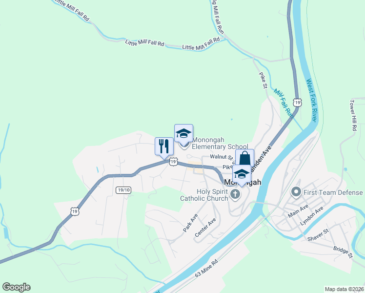 map of restaurants, bars, coffee shops, grocery stores, and more near 628 Walnut Street in Monongah