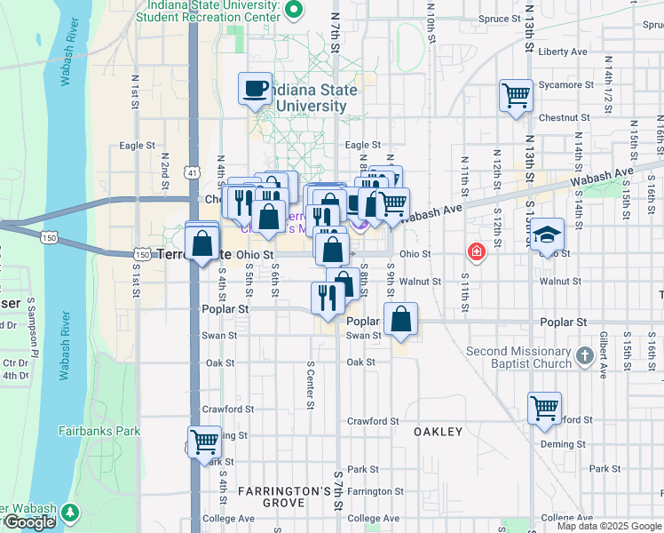 map of restaurants, bars, coffee shops, grocery stores, and more near 683 Ohio Street in Terre Haute