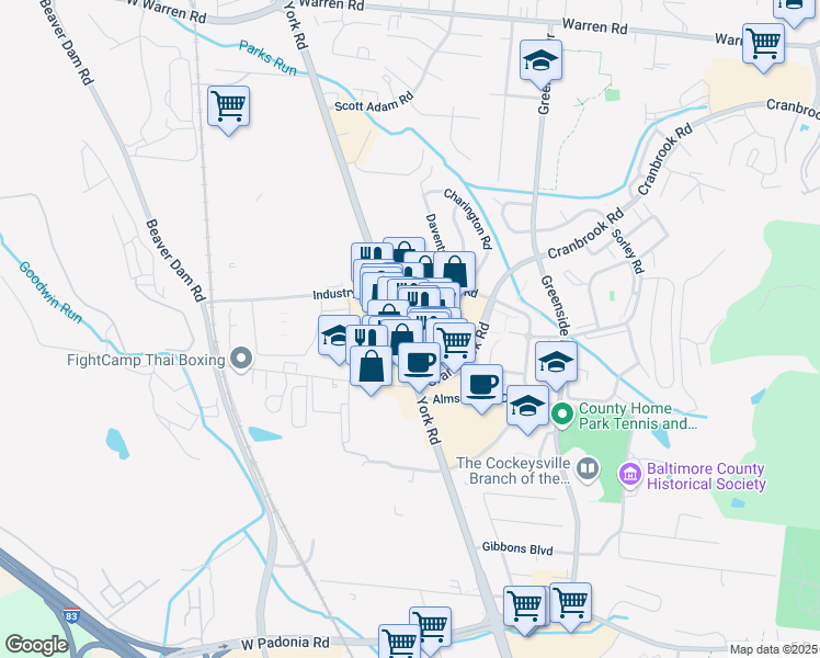 map of restaurants, bars, coffee shops, grocery stores, and more near 10029 York Road in Cockeysville