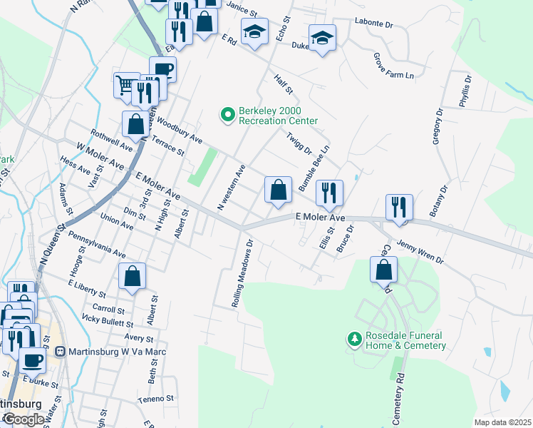 map of restaurants, bars, coffee shops, grocery stores, and more near 801 East Moler Avenue in Martinsburg