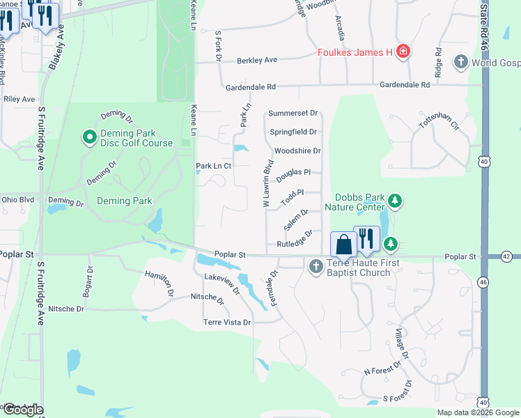 map of restaurants, bars, coffee shops, grocery stores, and more near 19 West Lawrin Boulevard in Terre Haute
