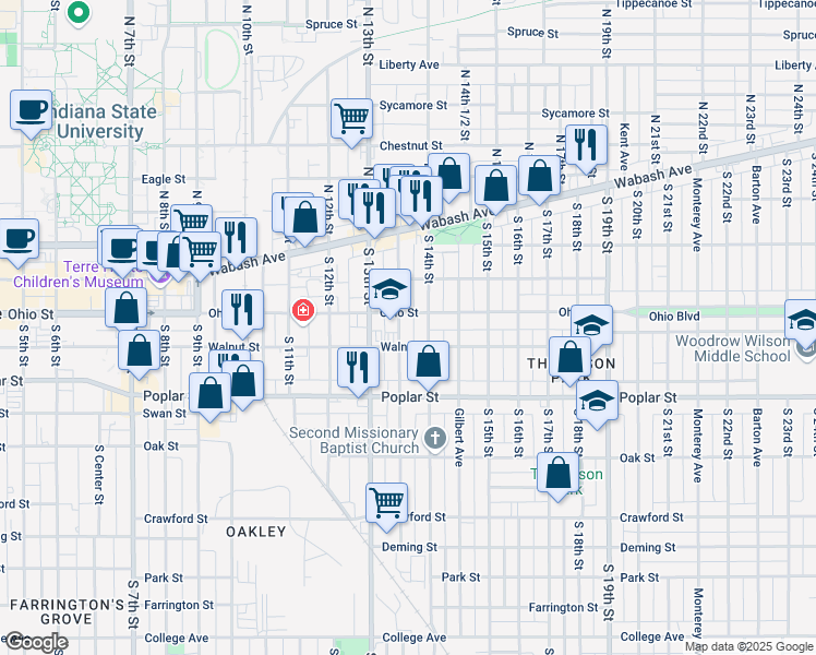 map of restaurants, bars, coffee shops, grocery stores, and more near 214 South 13th 1/2 Street in Terre Haute