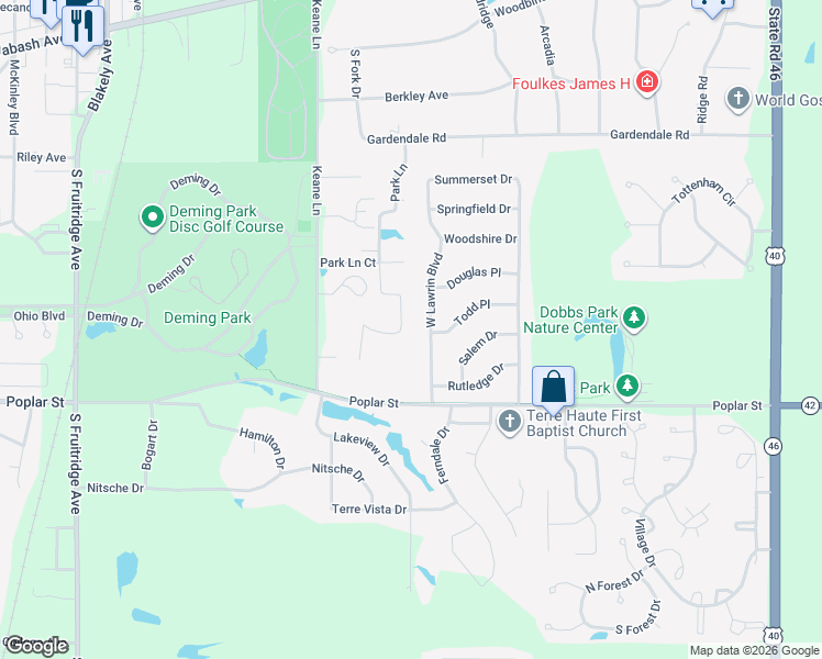 map of restaurants, bars, coffee shops, grocery stores, and more near 19 West Lawrin Boulevard in Terre Haute