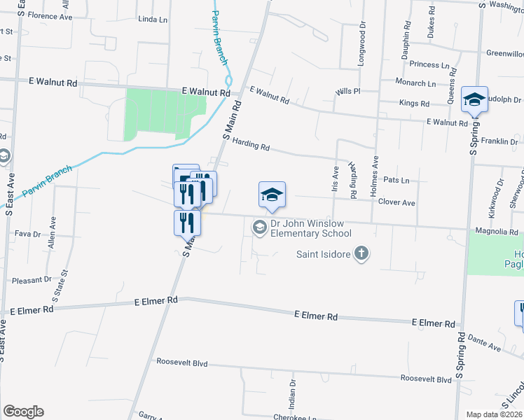 map of restaurants, bars, coffee shops, grocery stores, and more near 1314 Magnolia Road in Vineland