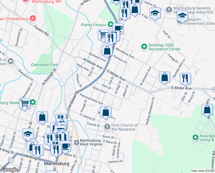 map of restaurants, bars, coffee shops, grocery stores, and more near 718 3rd Street in Martinsburg