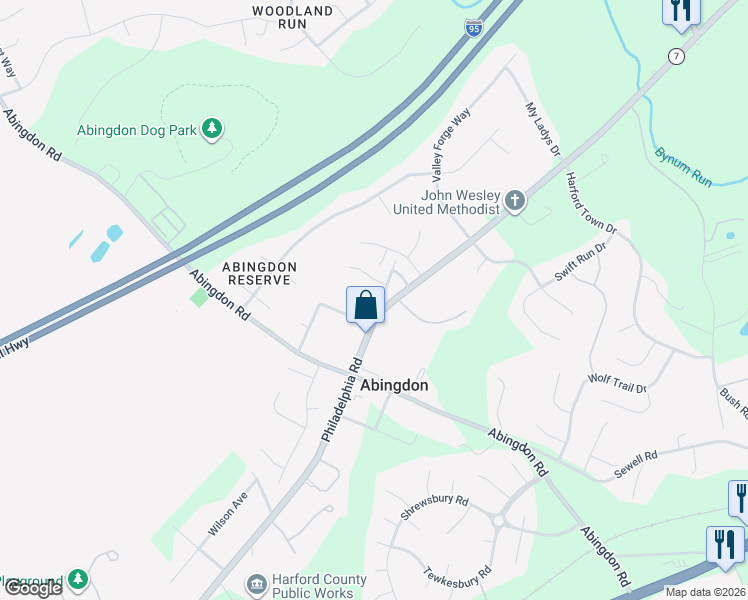 map of restaurants, bars, coffee shops, grocery stores, and more near 3704 Mill Road in Abingdon