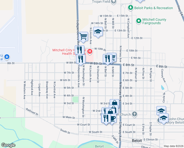map of restaurants, bars, coffee shops, grocery stores, and more near 301 West 7th Street in Beloit