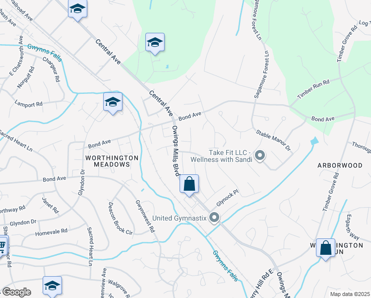 map of restaurants, bars, coffee shops, grocery stores, and more near 607 Glynita Circle in Reisterstown