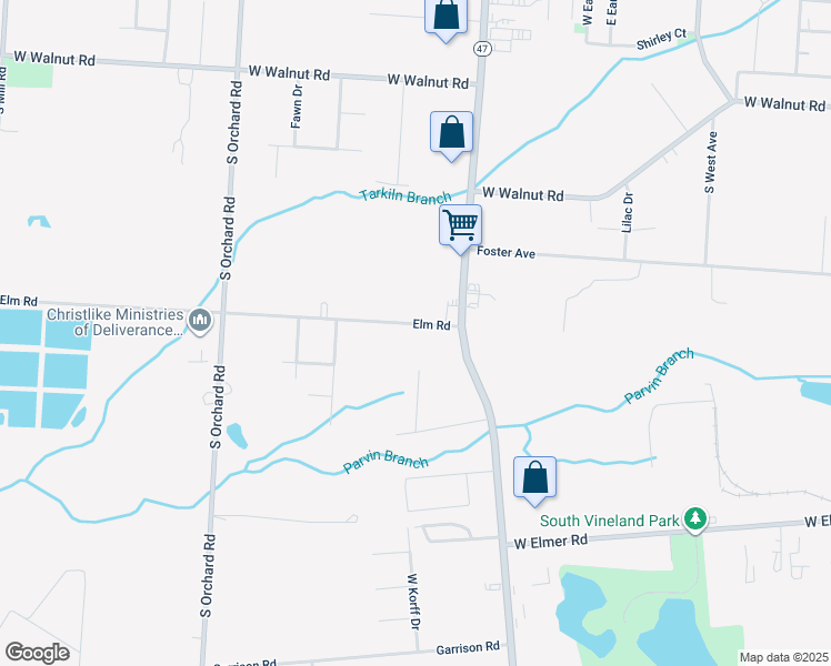 map of restaurants, bars, coffee shops, grocery stores, and more near 1029 Elm Road in Vineland