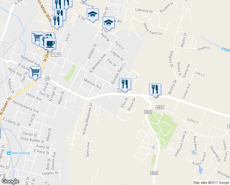 map of restaurants, bars, coffee shops, grocery stores, and more near 829 East Moler Avenue in Martinsburg