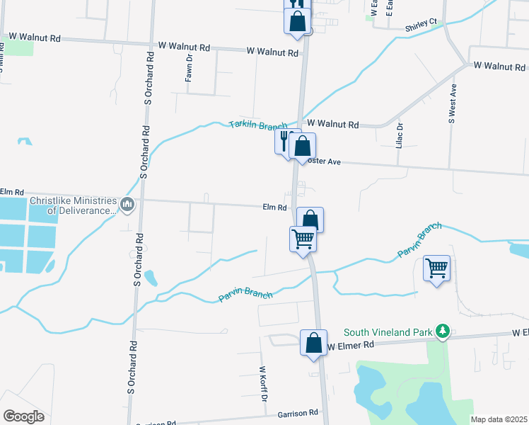 map of restaurants, bars, coffee shops, grocery stores, and more near 1029 Elm Road in Vineland