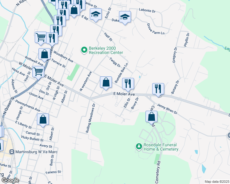 map of restaurants, bars, coffee shops, grocery stores, and more near 823 East Moler Avenue in Martinsburg