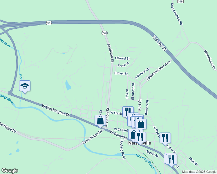 map of restaurants, bars, coffee shops, grocery stores, and more near 318 Madison Street in Nelsonville