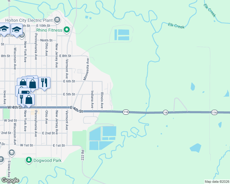 map of restaurants, bars, coffee shops, grocery stores, and more near East 5th Street in Holton