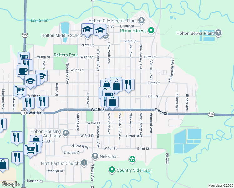 map of restaurants, bars, coffee shops, grocery stores, and more near 100 East 5th Street in Holton