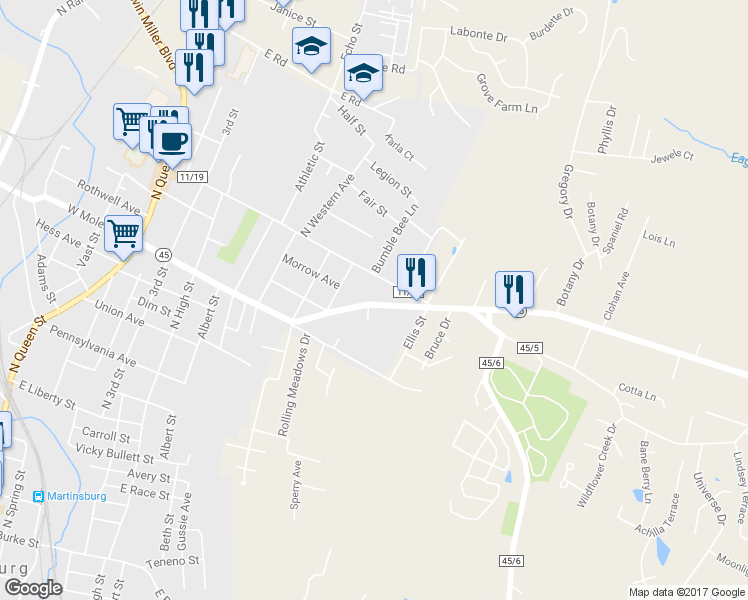 map of restaurants, bars, coffee shops, grocery stores, and more near 823 East Moler Avenue in Martinsburg