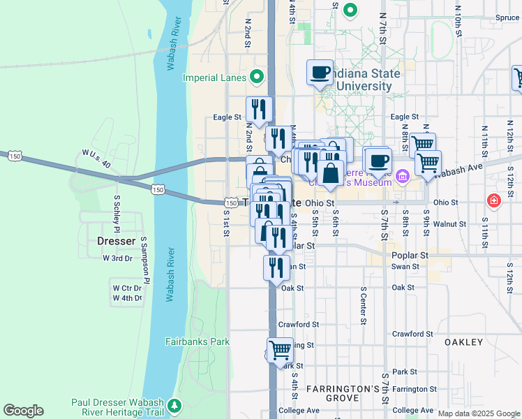 map of restaurants, bars, coffee shops, grocery stores, and more near 219 Ohio Street in Terre Haute