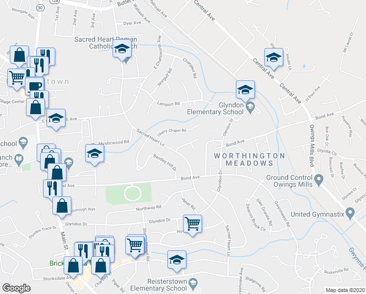 map of restaurants, bars, coffee shops, grocery stores, and more near 303 Townleigh Road in Reisterstown