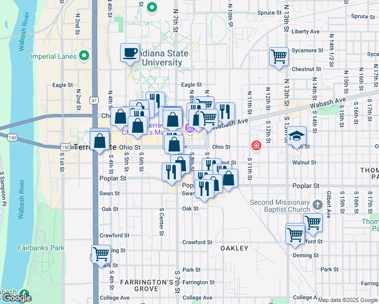 map of restaurants, bars, coffee shops, grocery stores, and more near 727 Ohio Street in Terre Haute