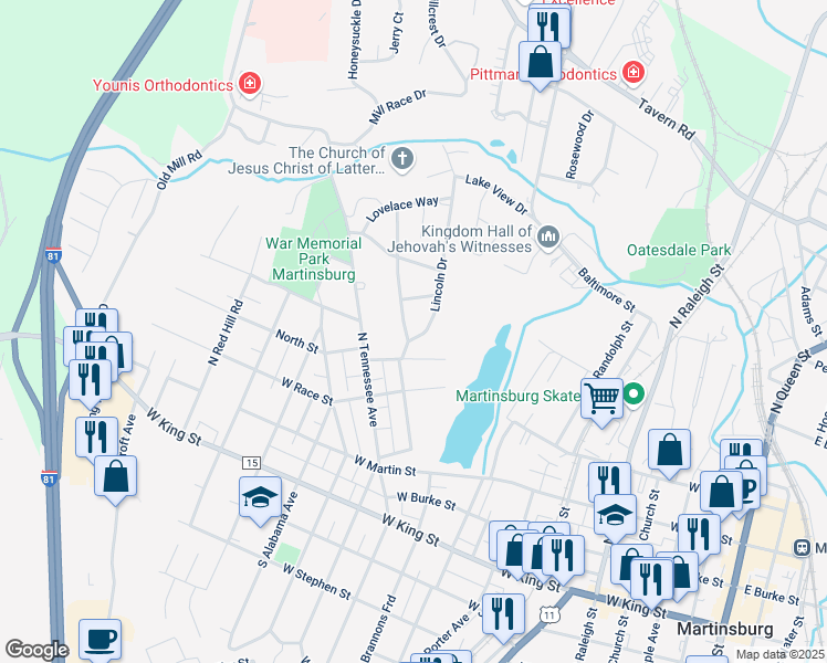 map of restaurants, bars, coffee shops, grocery stores, and more near 308 Lincoln Dr in Martinsburg