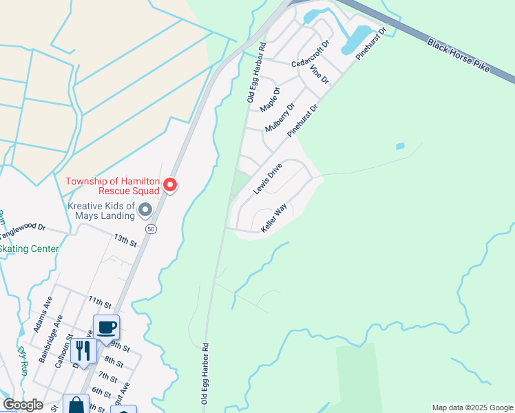 map of restaurants, bars, coffee shops, grocery stores, and more near 94 Merlino Lane in Hamilton Township