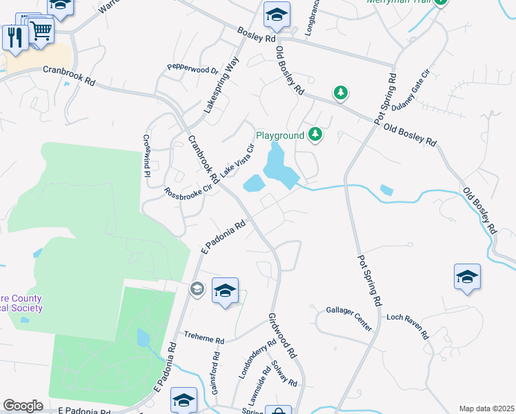 map of restaurants, bars, coffee shops, grocery stores, and more near 4 Valley Crossing Circle in Cockeysville