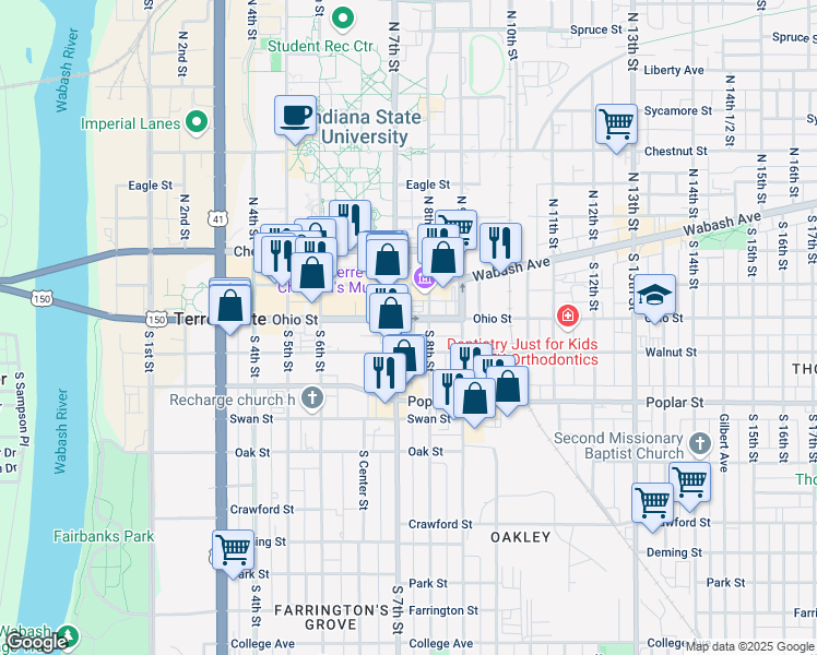 map of restaurants, bars, coffee shops, grocery stores, and more near 711 Ohio Street in Terre Haute