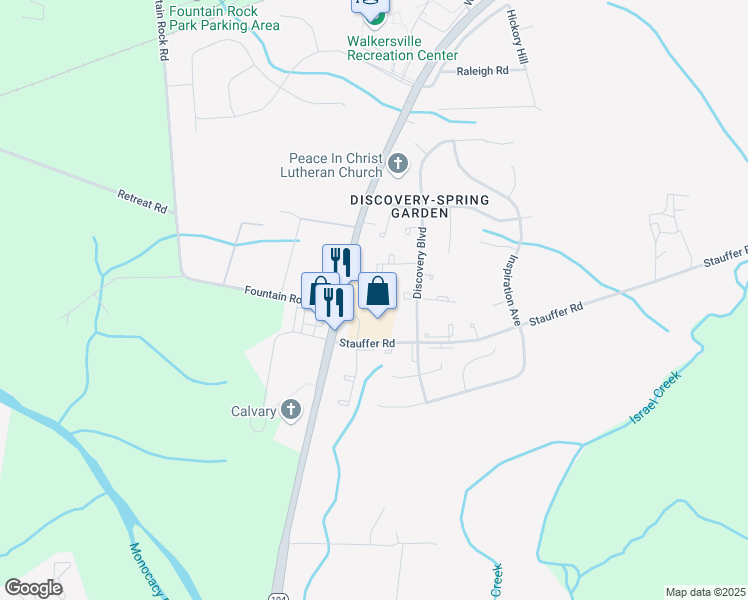 map of restaurants, bars, coffee shops, grocery stores, and more near 8425 Woodsboro Pike in Walkersville