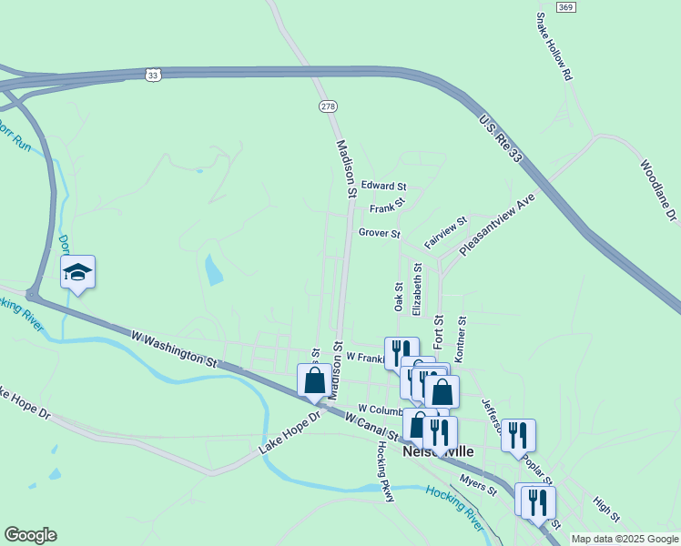 map of restaurants, bars, coffee shops, grocery stores, and more near 318 Madison Street in Nelsonville