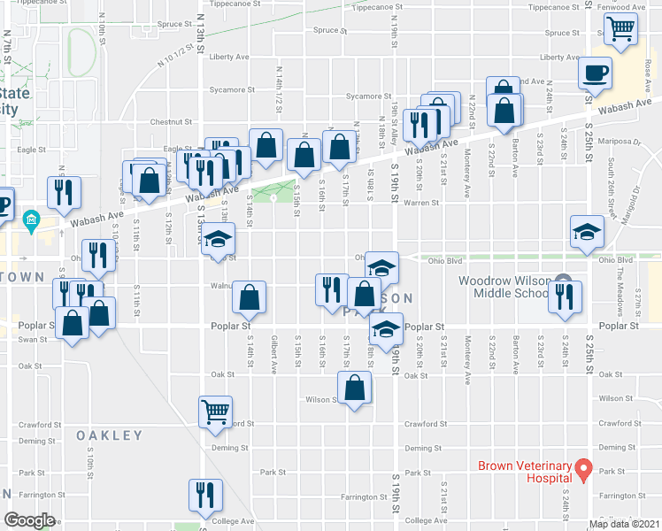 map of restaurants, bars, coffee shops, grocery stores, and more near 218 South 16th Street in Terre Haute