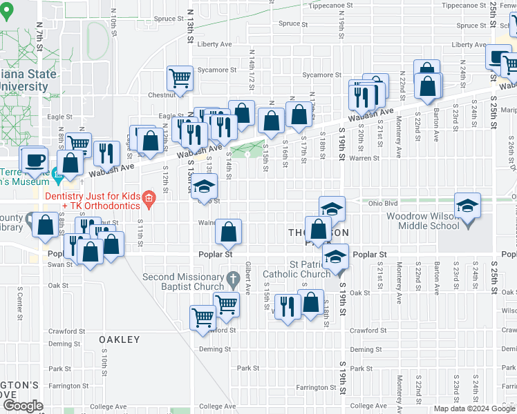 map of restaurants, bars, coffee shops, grocery stores, and more near 218 South 15th Street in Terre Haute