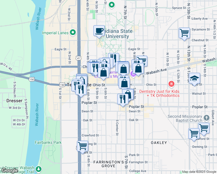 map of restaurants, bars, coffee shops, grocery stores, and more near 611 Ohio Street in Terre Haute