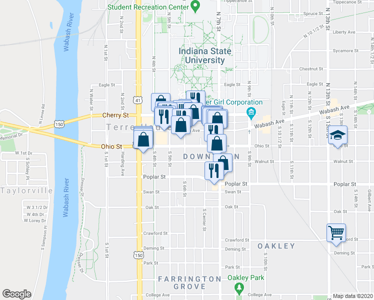 map of restaurants, bars, coffee shops, grocery stores, and more near 611 Ohio Street in Terre Haute