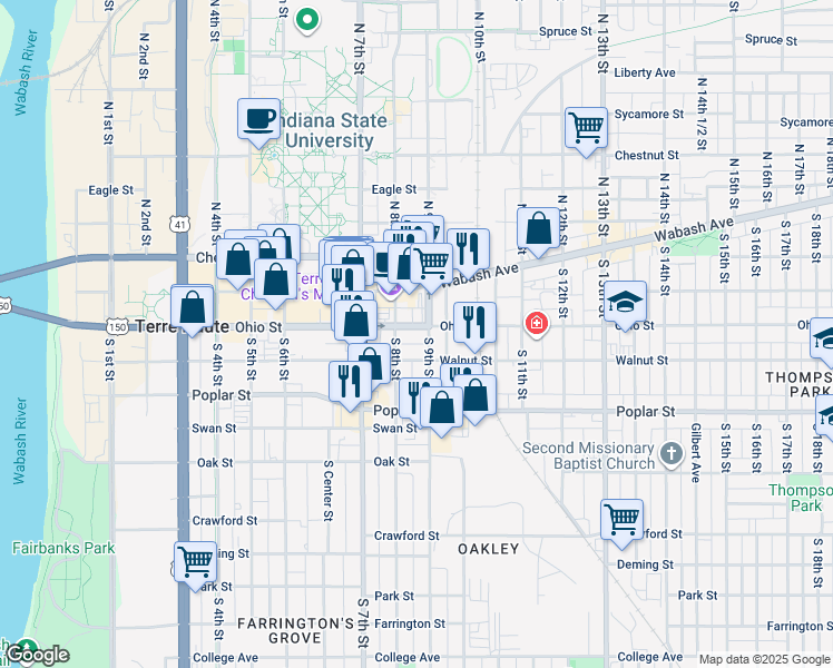 map of restaurants, bars, coffee shops, grocery stores, and more near 823 Ohio Street in Terre Haute