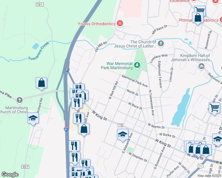 map of restaurants, bars, coffee shops, grocery stores, and more near 204 North Red Hill Road in Martinsburg