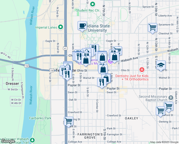 map of restaurants, bars, coffee shops, grocery stores, and more near 611 Ohio Street in Terre Haute
