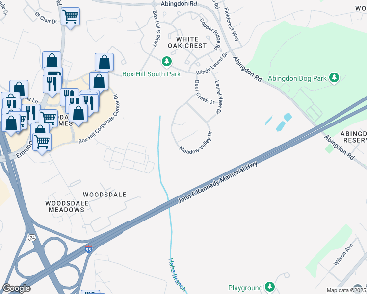 map of restaurants, bars, coffee shops, grocery stores, and more near 3247 Meadow Valley Drive in Abingdon