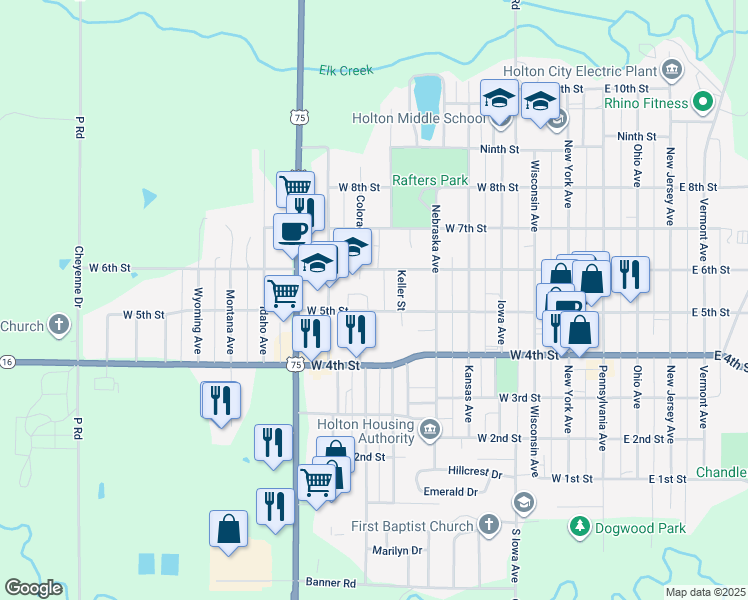 map of restaurants, bars, coffee shops, grocery stores, and more near 500 Colorado Avenue in Holton