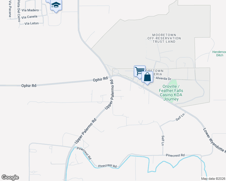 map of restaurants, bars, coffee shops, grocery stores, and more near 6801 Upper Palermo Road in Oroville